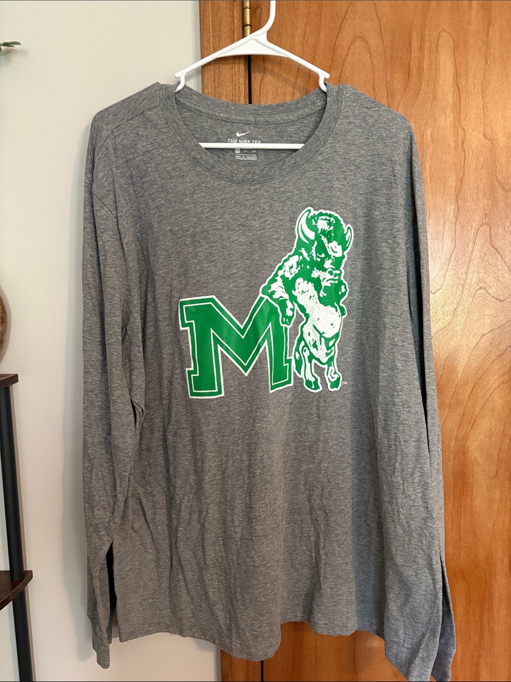 Nike Gray Long Sleeve Marshall Shirt with Green Graphic 'M' and Buffalo